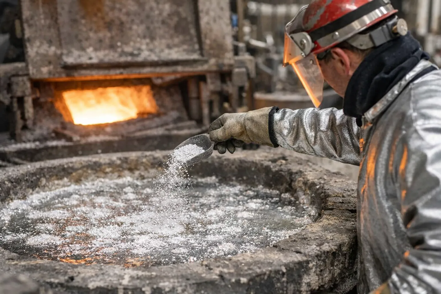 applying aluminum flux evenly on molten metal surface