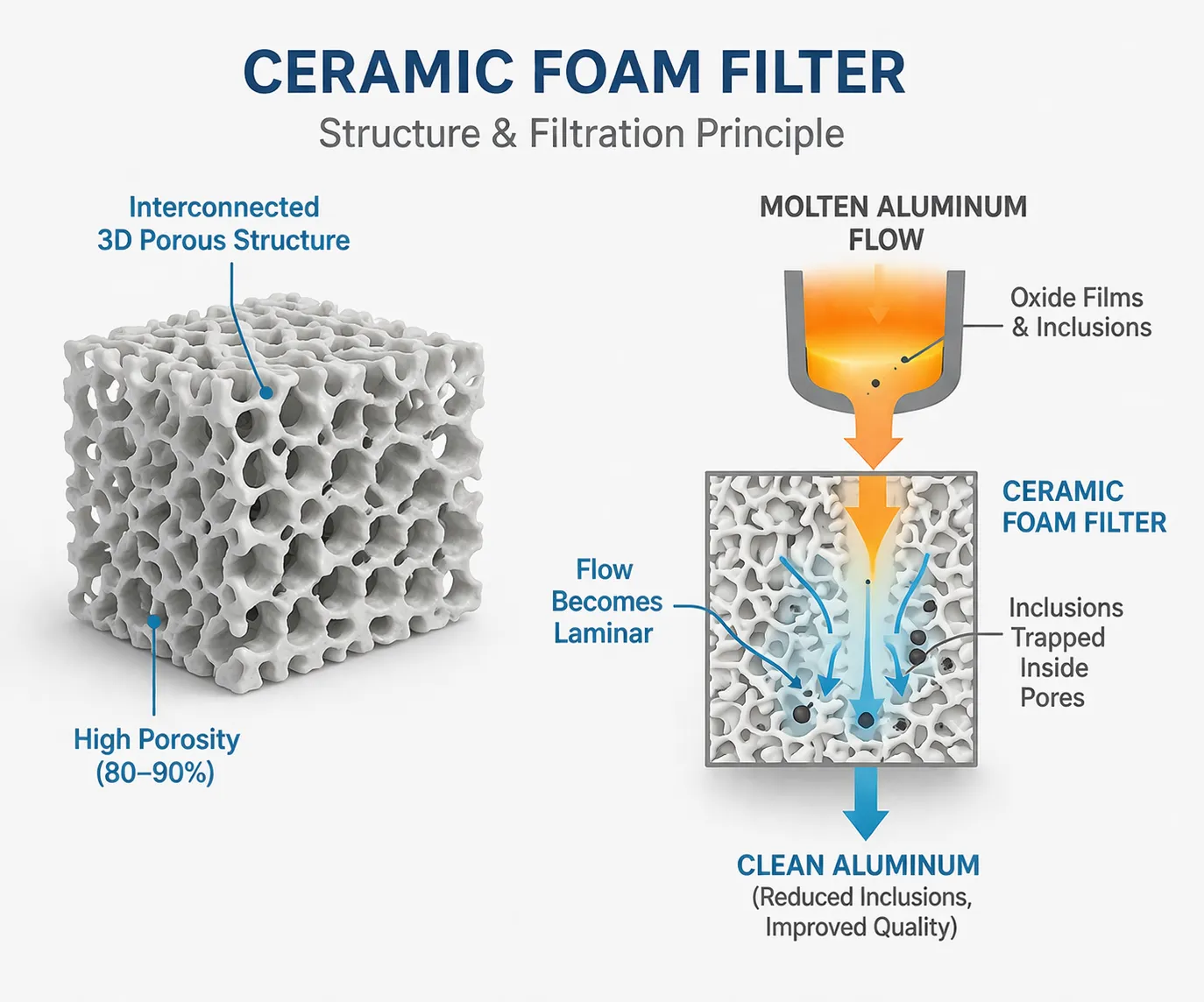 ceramic foam filter working principle molten aluminum filtration turbulent to laminar flow