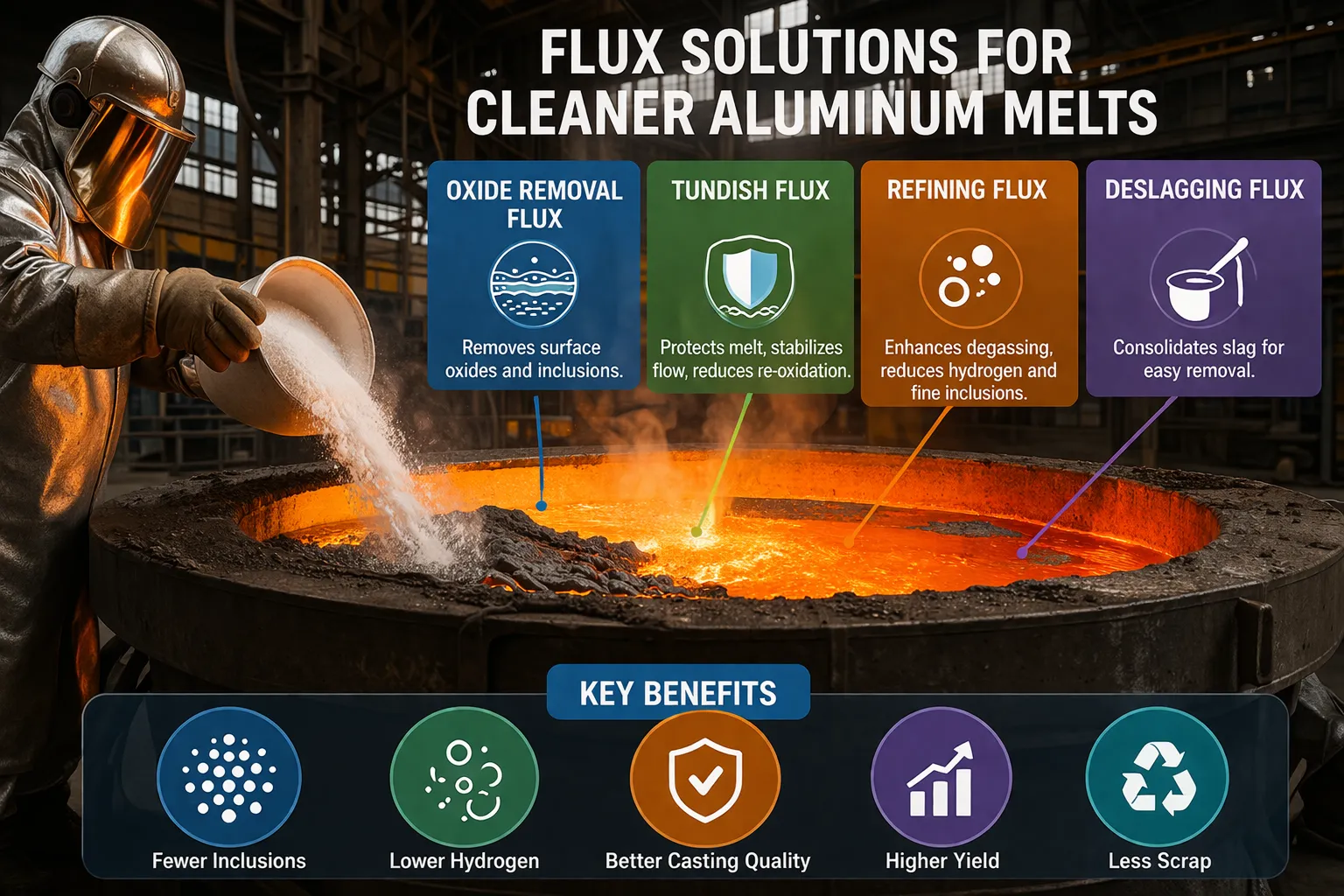 Worker applying Oxide Removal Flux to molten aluminum in holding furnace, showing slag formation and skimming process