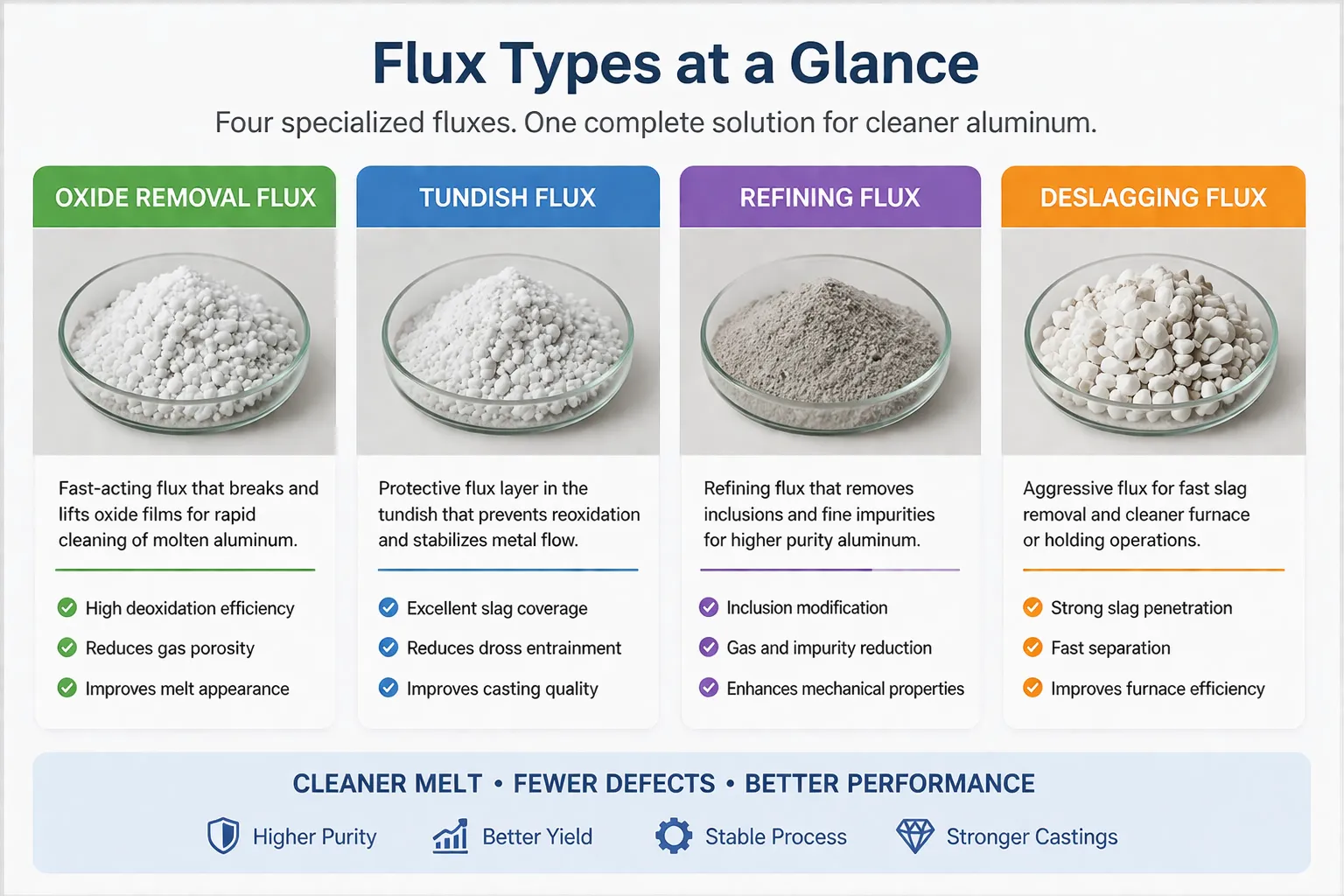 Aluminum melt purification workflow with flux application stages