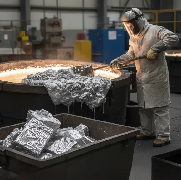 aluminum dross on molten metal surface during casting