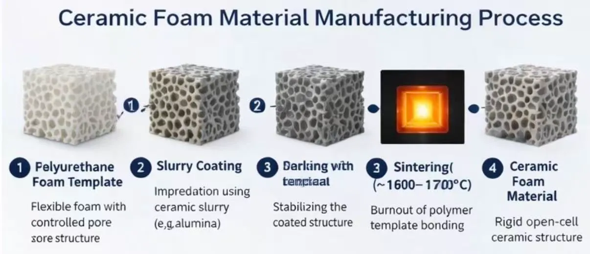 ceramic foam material manufacturing process from polyurethane foam to sintered ceramic