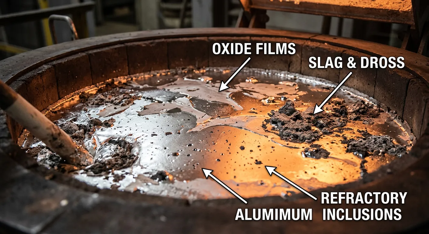 Illustration showing oxide films, slag particles, and inclusions in molten aluminum