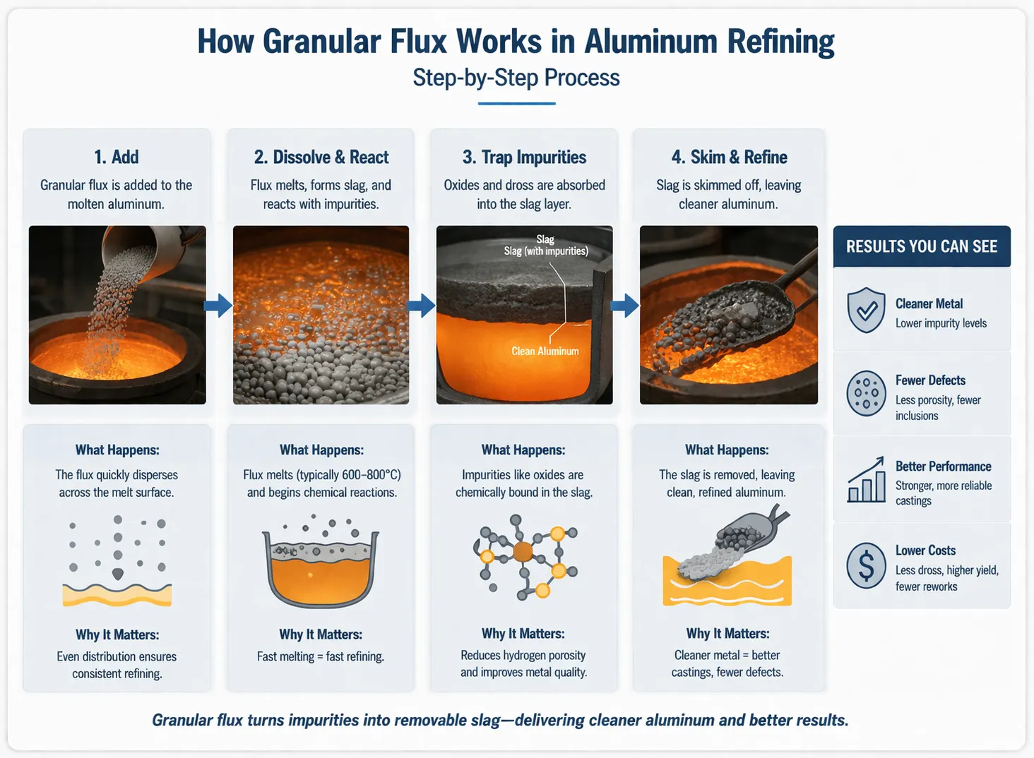 Granular flux reacting with oxides and hydrogen in molten aluminum