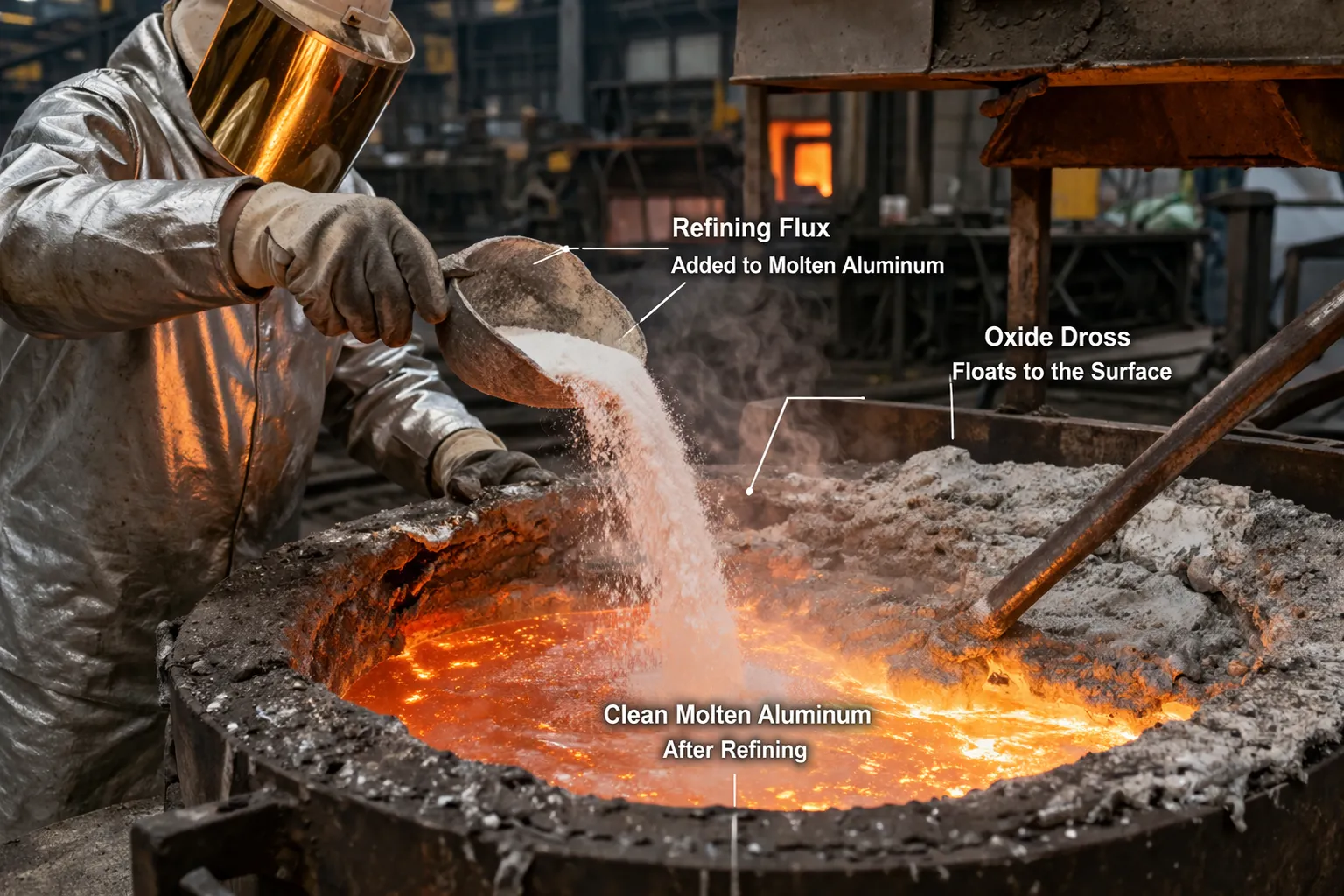 refining flux for aluminum molten metal purification process in foundry furnace