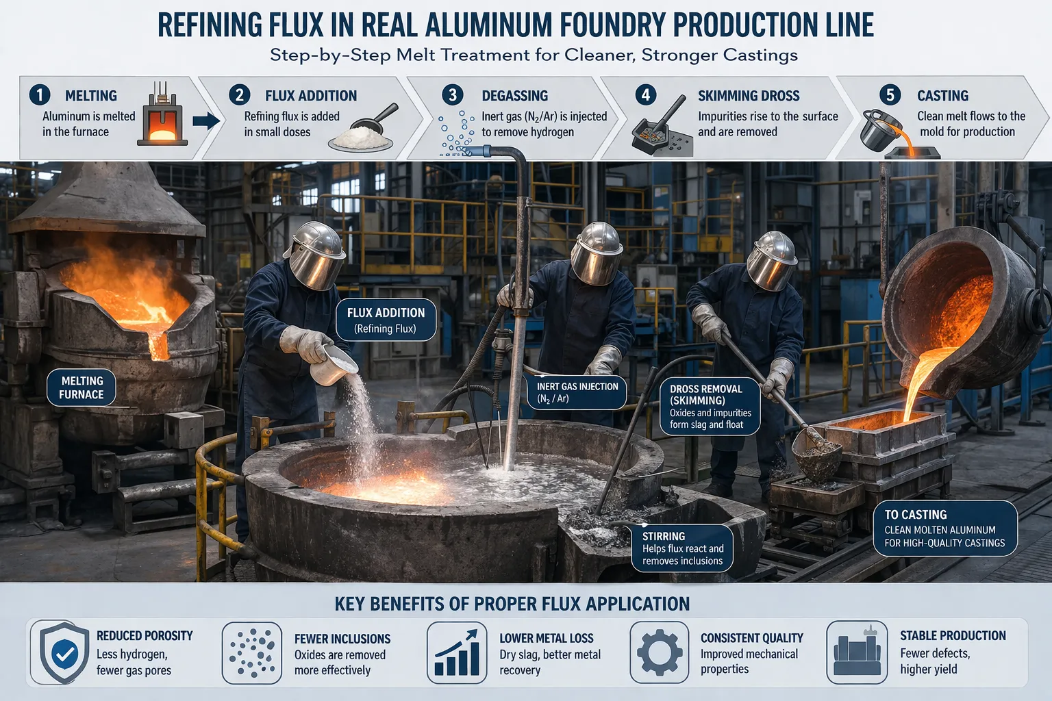 Refining flux application in aluminum casting foundry showing melting furnace, flux addition, inert gas degassing, and dross removal process for improved melt quality