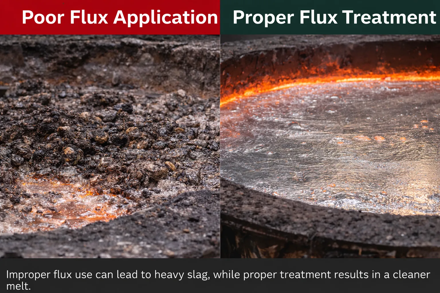 comparison of dirty and clean molten aluminum surface in casting
